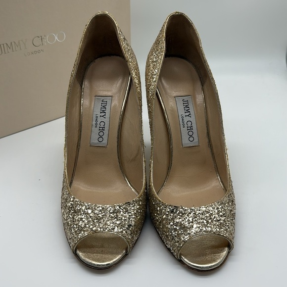 Jimmy  Choo Baxen Woven Metallic Peep Toe Wedge Heels Gold Glitter Size 38 - Picture 6 of 16